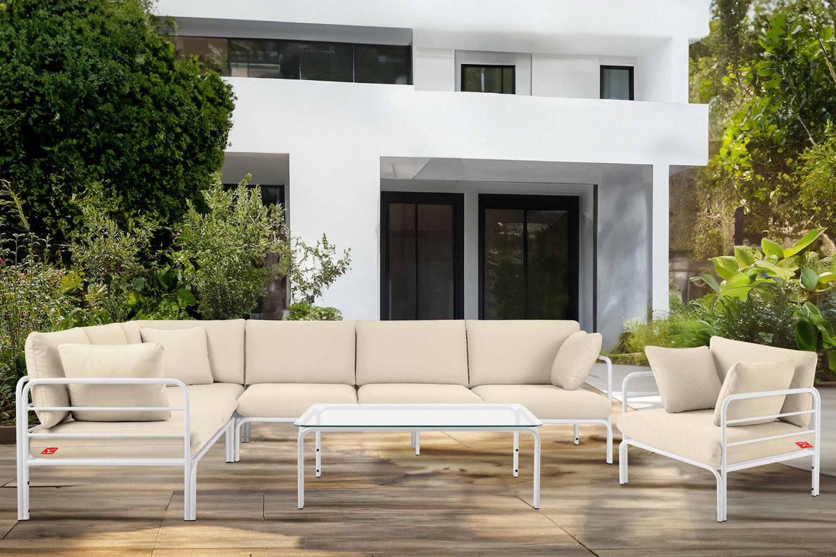 GARTENECKSOFA RAMBE 5-Sitzer mit Kissen, Weiß/Cremeweiß - Creme/Weiß, Textil/Metall (304/80/229cm) - KONSIMO®