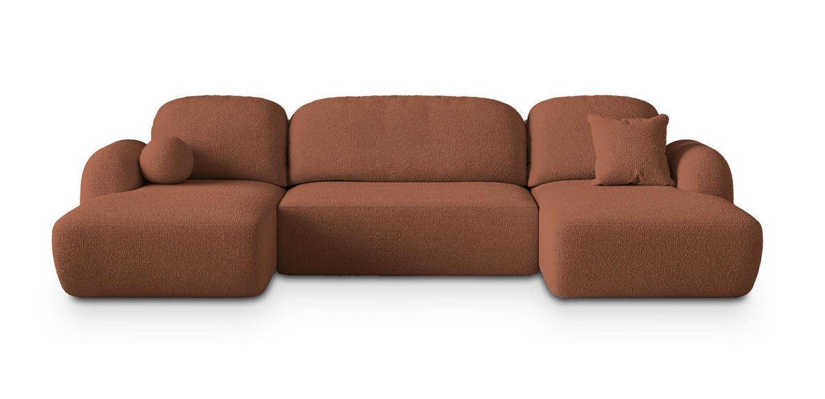 WOHNLANDSCHAFT SAVONA N Orange Boucle-Stoff mit Schlaffunktion - Orange, Holz (320/90/148cm) - MASSENO