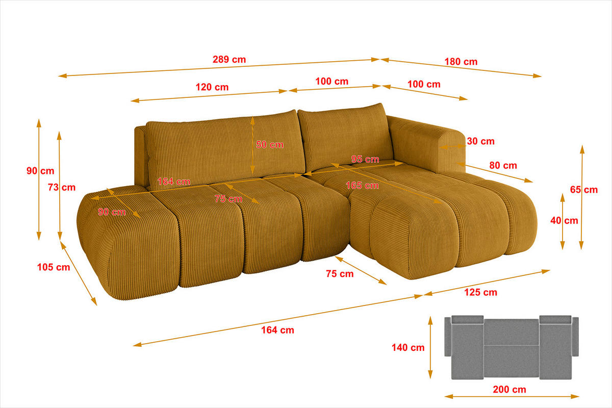 ECKSOFA Ottomane Rechts CLOUD-L 289x180x40 Senfgelb Cord - Currygelb, Holzwerkstoff/Kunststoff (289/180cm) - ALTDECOR