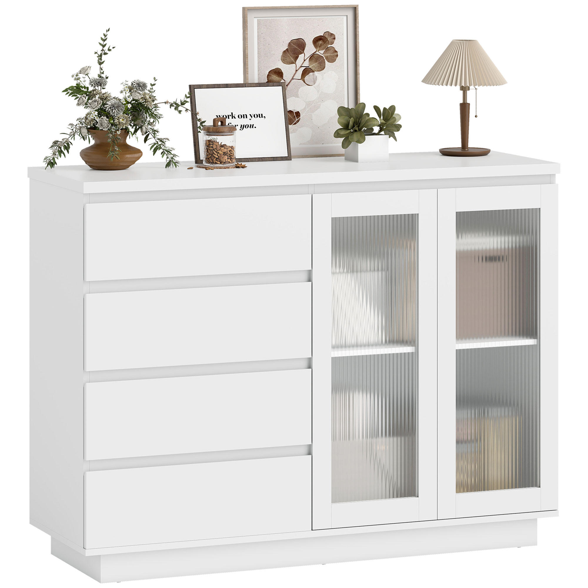 SIDEBOARD Weiß, 2 Glastüren, 4 Schubladen, 120/40/91 cm - Weiß, Holz (120/91/40cm) - PANGIVO