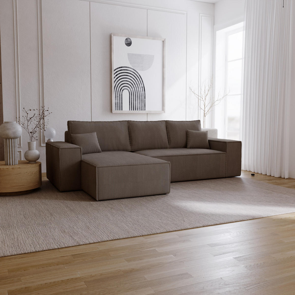 ECKSOFA Bergamo L mit Cordstoff, 280 cm, Schlaffunktion, Links - Braun - Braun, Holz (277/189cm) - Emporius