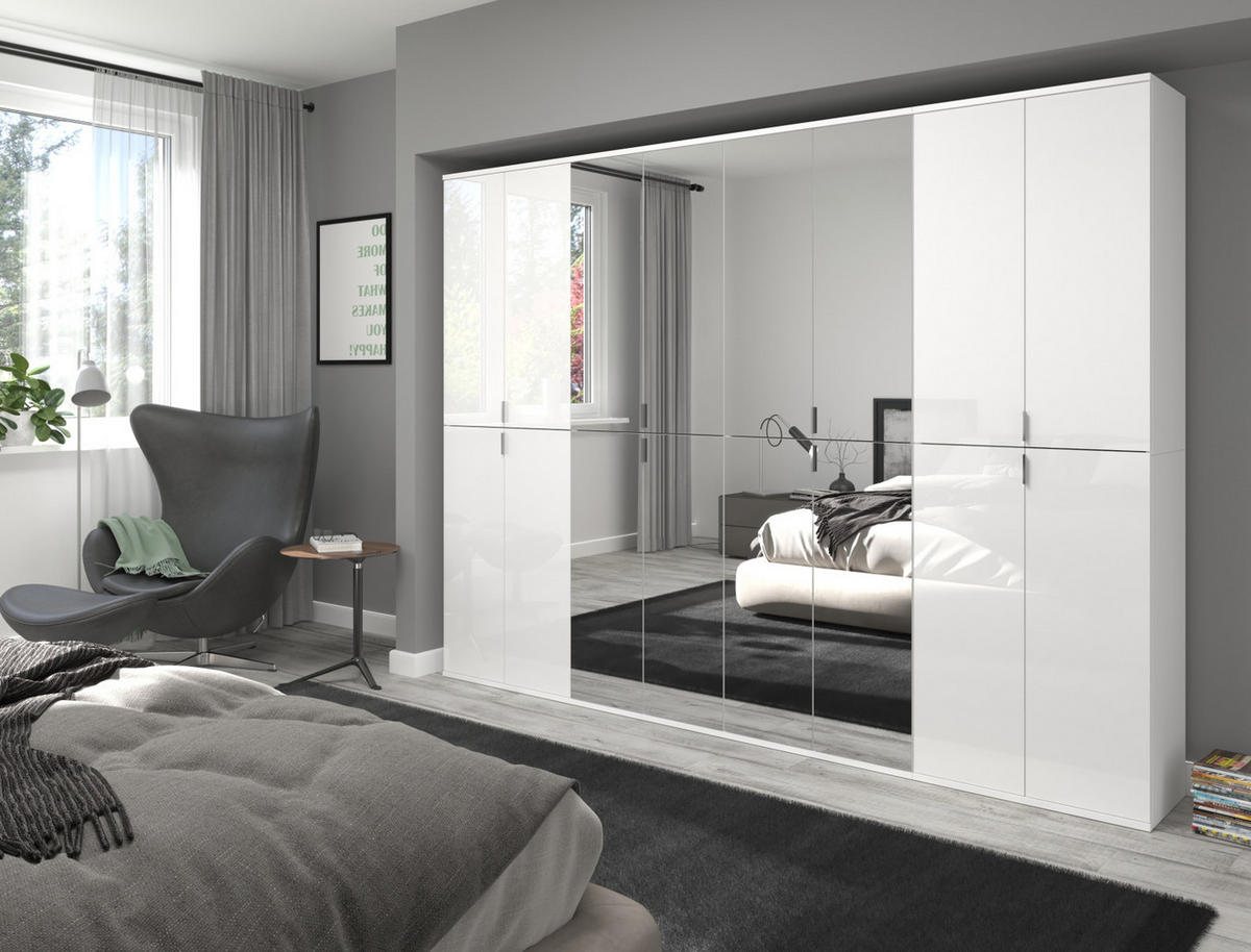 KLEIDERSCHRANK weiß Hochglanz 244 cm, Mehrzweckschrank mit Spiegeltüren, 36 Fächer - Weiß Hochglanz/Silberfarben, Holzwerkstoff/Metall (244/193/34cm) - Inn.Furn