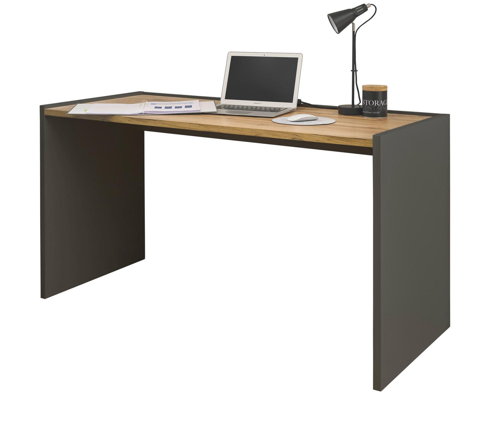 SCHREIBTISCH grau matt, Eiche Wotan 143 x 62 cm, Laptoptisch mit großer Arbeitsfläche - Eiche Wotan/Schwarz, Holzwerkstoff/Kunststoff (143/62/76cm) - Furn.Design