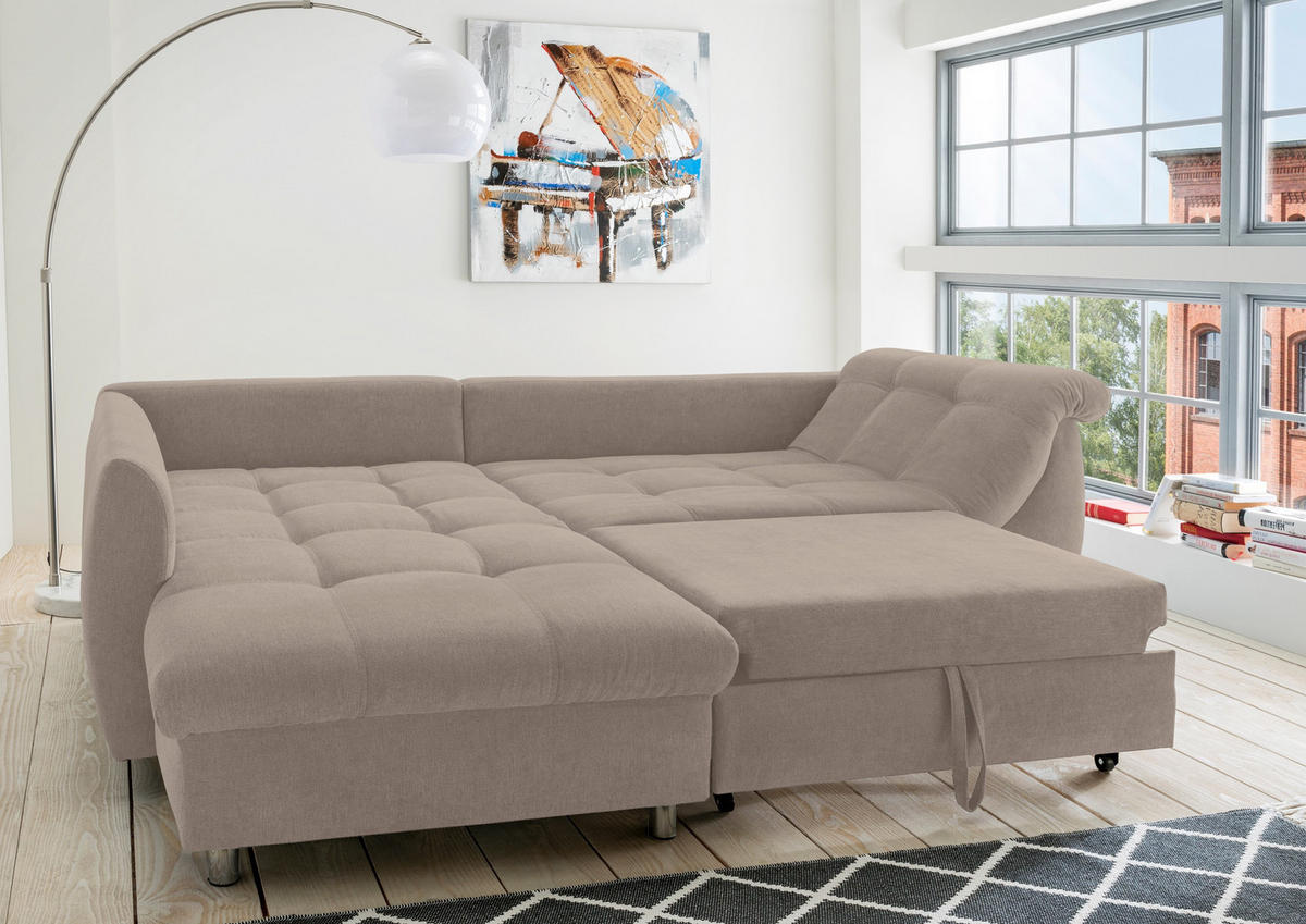 ECKSOFA mit Schlaffunktion, Wellenunterfederung, Ottomane links B250/T190/H84 cm, Liegefl. 179x190 cm, Mikrofaser Hellbraun / 17012 - Hellbraun/Chromfarben, Textil/Metall (250/190cm) - luma-home