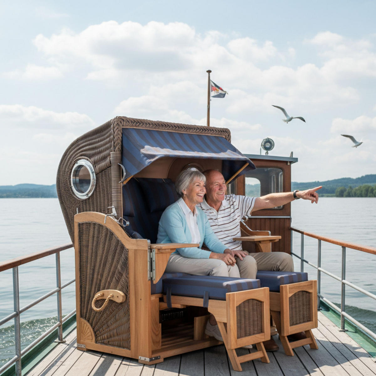 STRANDKORB Düne 2 Sitzer Teak PE Grey - Blaugrau/Braun, Holz/Metall (125/170/80cm) - Mr. Deko