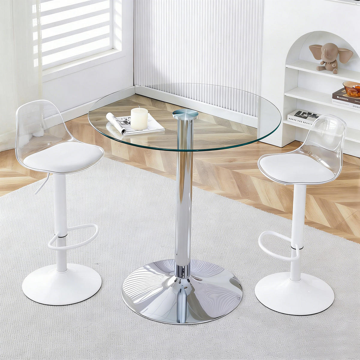 TISCHGRUPPE 3-tlg Glastisch 89 cm mit 2 Barhockern Höhenverstellbar Drehbar - Transparent, Glas/Metall (49.5/50/51cm) - Raelunyi