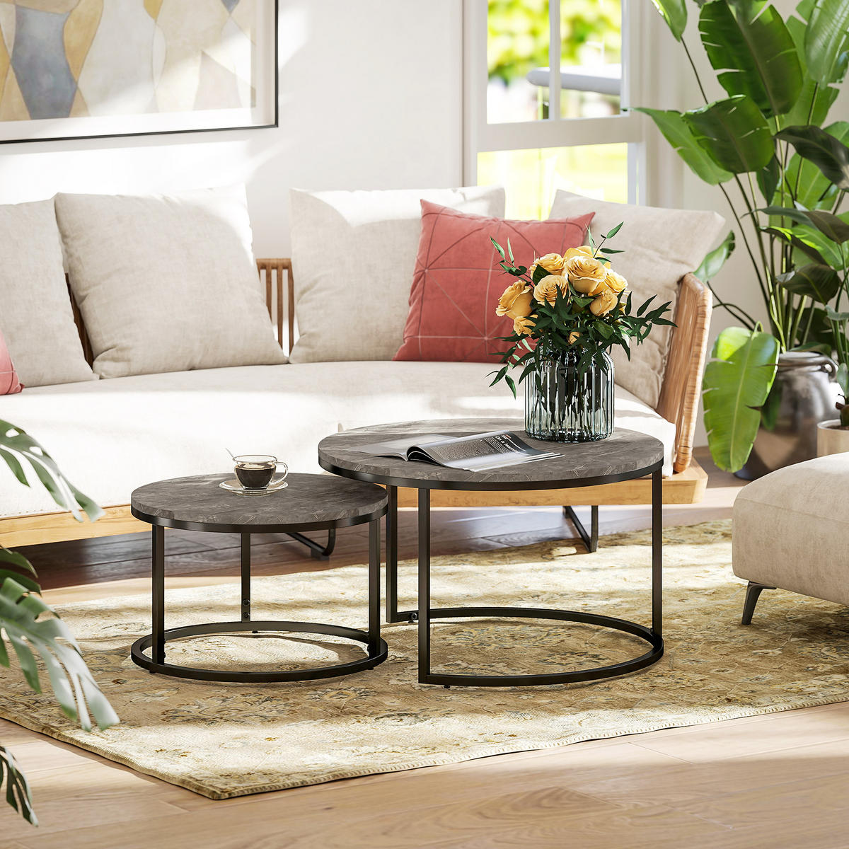 COUCHTISCH rund 2er Set Satztisch mit Metallrahmen, Marmoroptik Grau - Dunkelgrau/Schwarz, Holzwerkstoff/Metall (78.5/78.5/46.5cm) - HOMCOM
