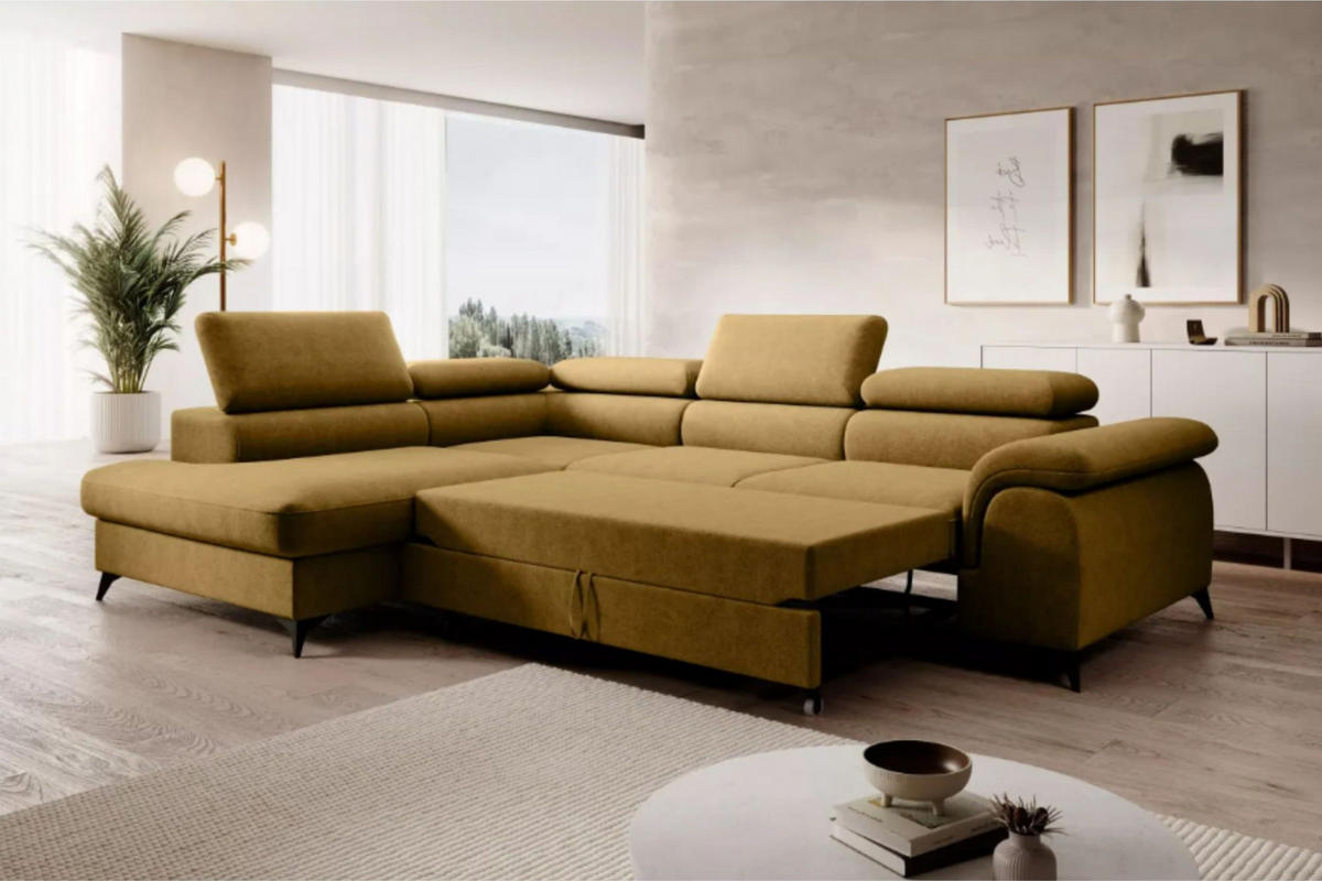 ECKSOFA PLAZA L Links mit Schlaffunktion 125x195 Velours Gold - Goldfarben/Schwarz, Holz/Kunststoff (205/275cm) - Muffo