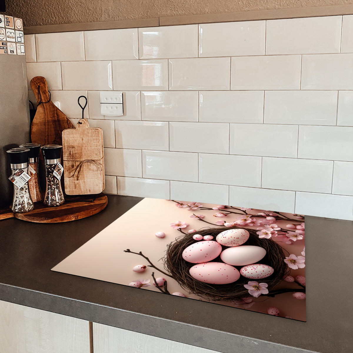 HERDABDECKPLATTE Rosa - Blüten - Eier Ceranfeldabdeckung 59x52 cm - Hellrosa, Kunststoff (59/52/0.2cm) - MuchoWow