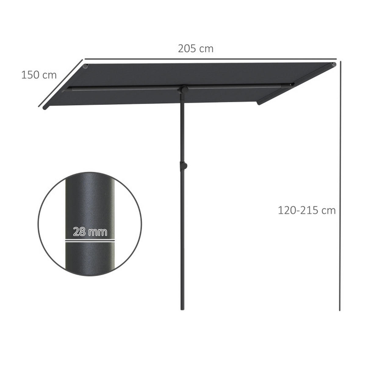SONNENSCHIRM Höhenverstellbarer Gartenschirm Dunkelgrau - Grau, Metall (150/205cm) - ComfortXL