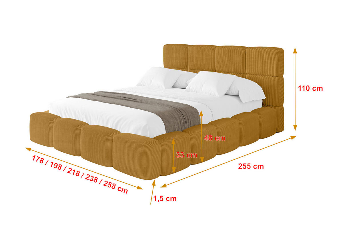 POLSTERBETT mit Bettkasten und Lattenrost, Bett mit Matratze H3/H4, Kopfteil, Boxbett, Doppelbett mit Stauraum - NATA 120x200 Senfgelb - Kupferfarben, Holzwerkstoff/Textil (120/200cm) - ALTDECOR
