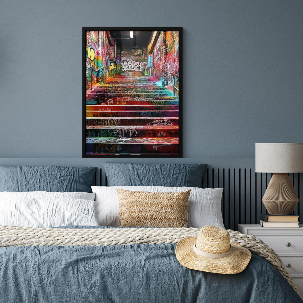GERAHMTES BILD Treppe - Graffiti - Farben - Kunst 60x80 cm - Multicolor, Papier (60/80cm) - MuchoWow