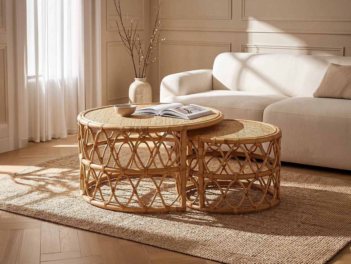2ER-SET Couchtisch - Rattan - Naturfarben - RONITA - Naturfarben, Naturmaterialien (80/80/45cm) - Vente-Unique