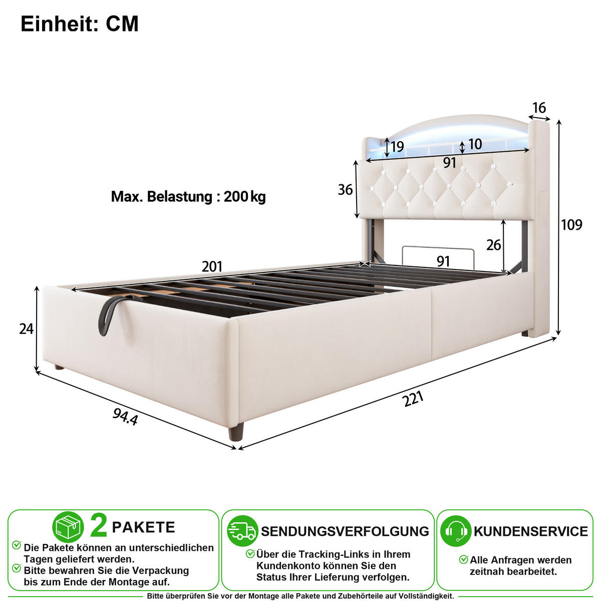 KINDERBETT 90/200 cm in Beige mit Bettkasten, LED und USB Samt - Beige, Holzwerkstoff/Textil (90/200cm) - CHICFURN