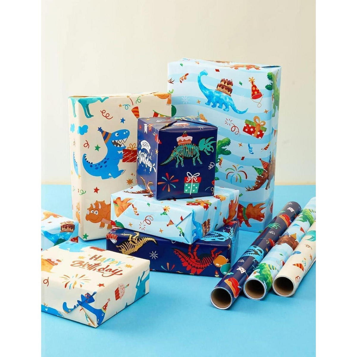 GESCHENKPAPIER 3 Rollen Set Dinosaurier Motiv 43 cm x 3 m - Multicolor, Papier (43/43/43cm)
