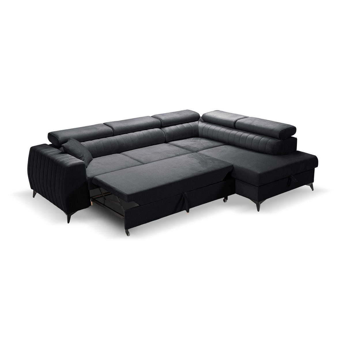ECKSOFA PIERO L Rechts mit Schlaffunktion 195x125 Velours Dunkelgrau - Dunkelgrau/Schwarz, Holz/Textil (203/268cm) - Muffo