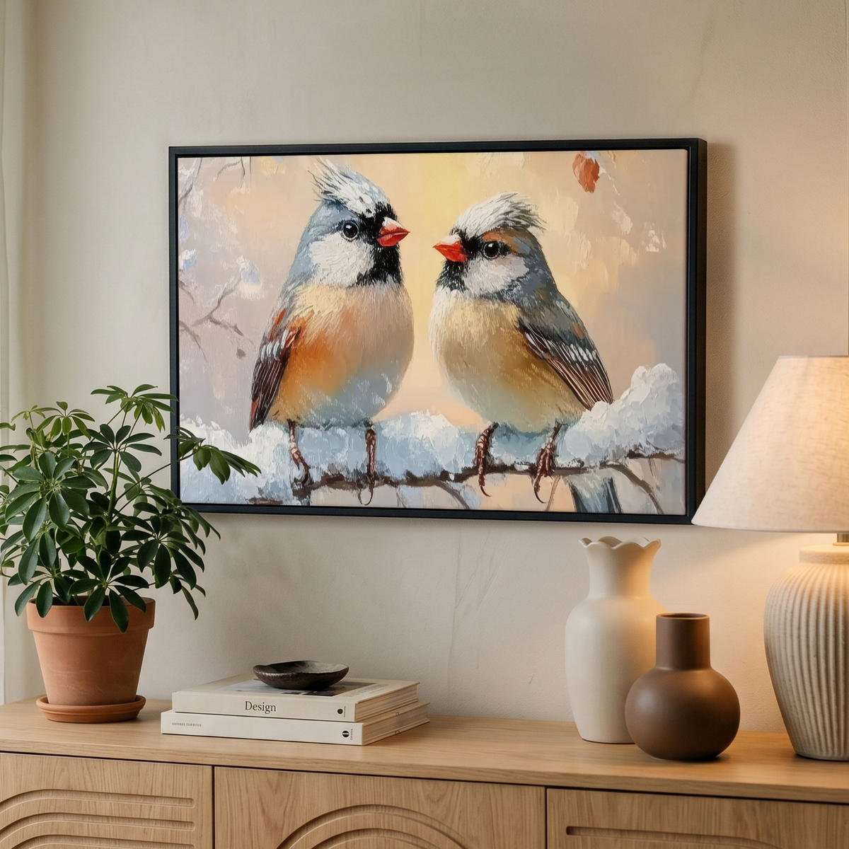LEINWAND Bilder mit Rahmen - Vögel - Zweig - Winter - Schnee - 60x40 - Pastellblau, Textil (60/40cm) - MuchoWow