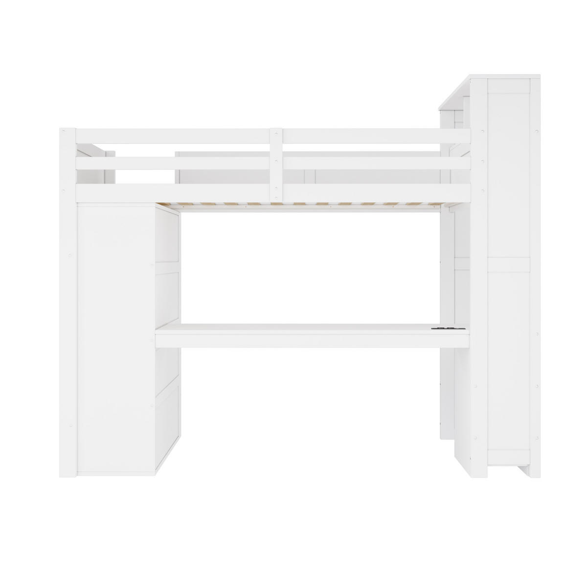 HOCHBETT aus Kiefernholz 90x200 cm Weiß mit Schreibtisch, Kleiderschrank, LED-Beleuchtung und USB-Anschluss - Weiß, Holzwerkstoff (90/200cm) - Modfu