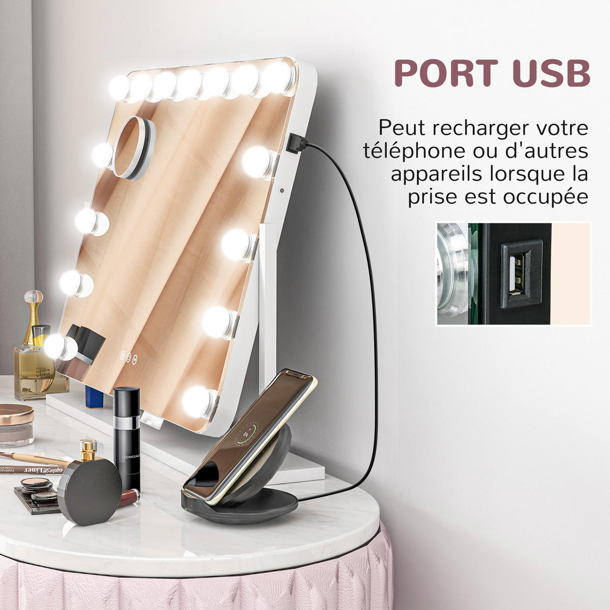 SCHMINKSPIEGEL DE-18028 dimmbar, 3 Lichtmodi, USB 63/50 cm - Weiß, Glas (14/62.5/49.5cm) - ComfortXL