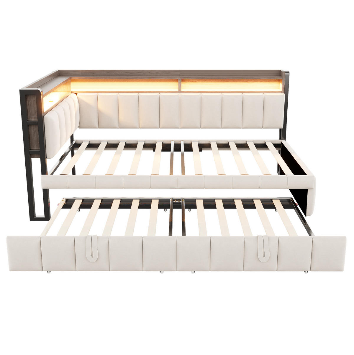 BETT 90/200 cm Beige mit Ausziehbett und LED-Beleuchtung - Beige, Textil (90/200cm) - Flora Grace