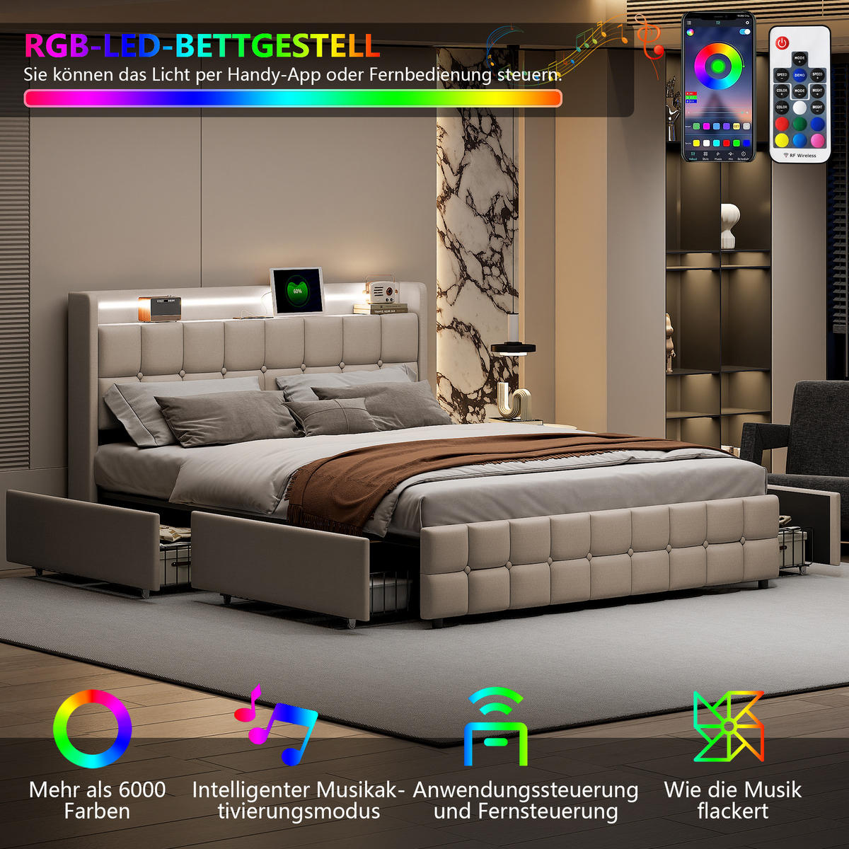 POLSTERBETT 180x200 cm Doppelbett, 4 Aufbewahrungsschubladen, LED-Leuchten & USB-Ladeanschluss, Leinenstoff in Beige - Beige, Holz (180/200cm) - BRILVERDE