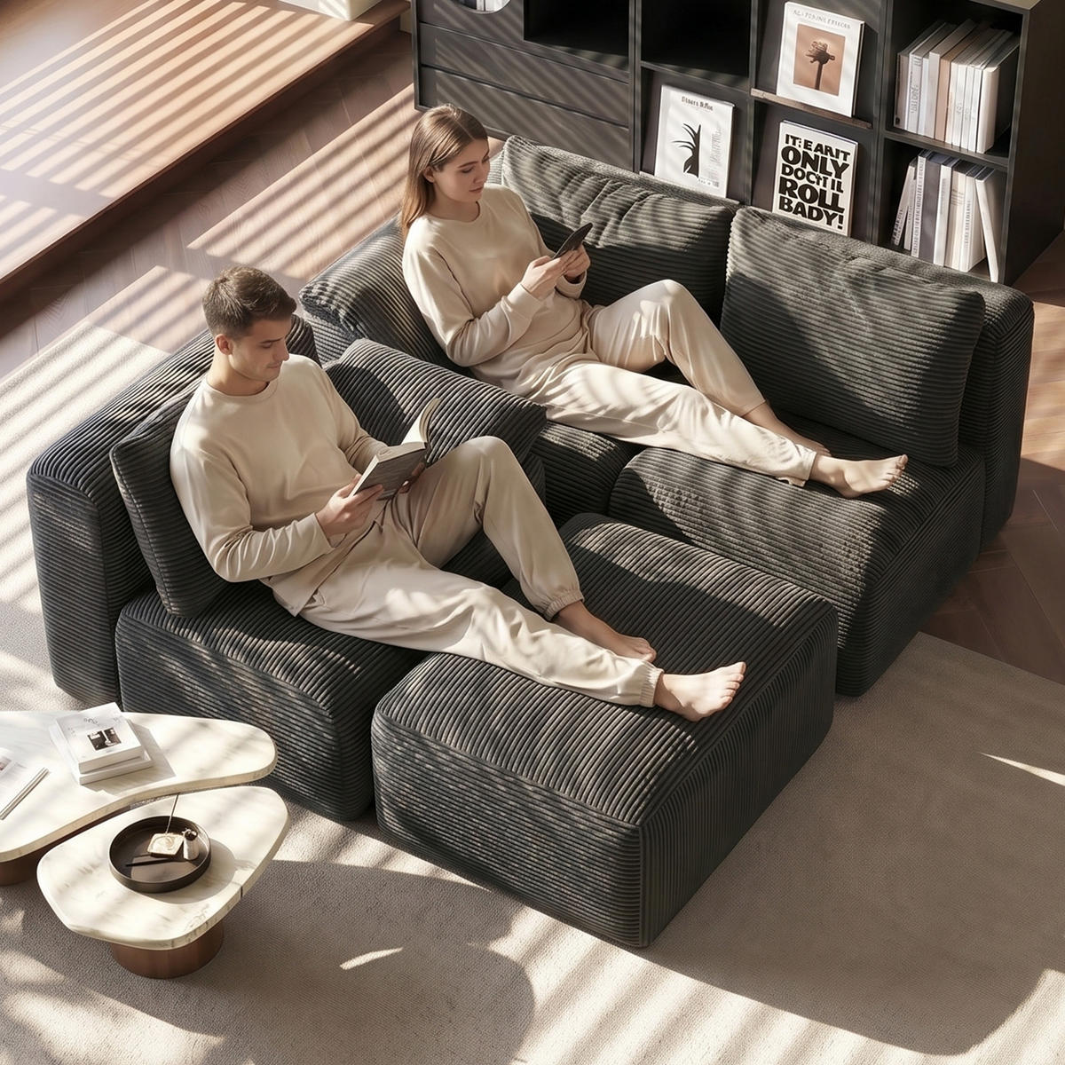 ECKSOFA,3-SITZER-SOFA,CORDSTOFF Stoffsofa L Form mit Hocker,Dunkelgrau - Grau, Textil (264/89cm) - PARAFTA HOME