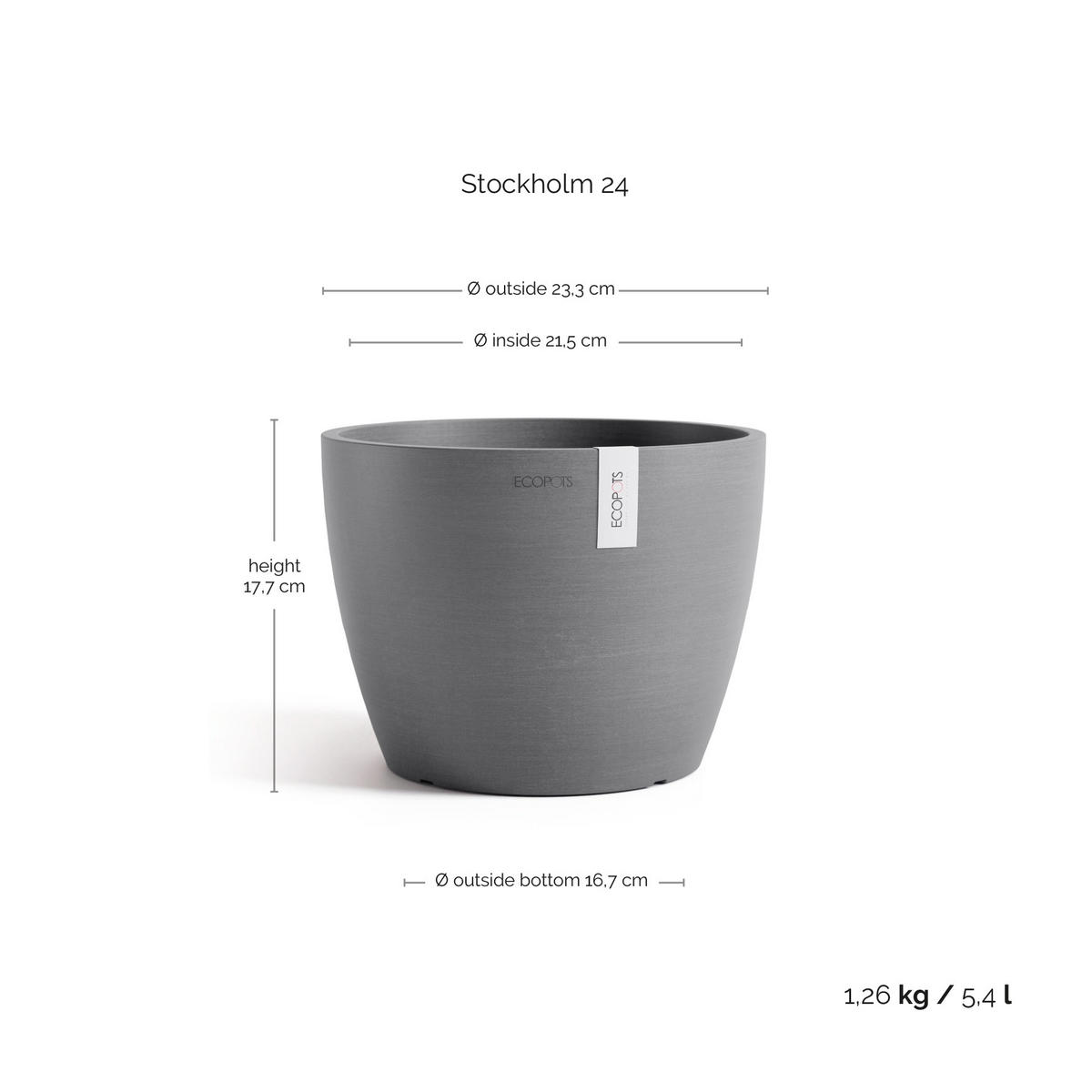 BLUMENTOPF Stockholm 23,3/17,7 cm Grau - Grau, Kunststoff (23.3/17.7cm) - Ecopots