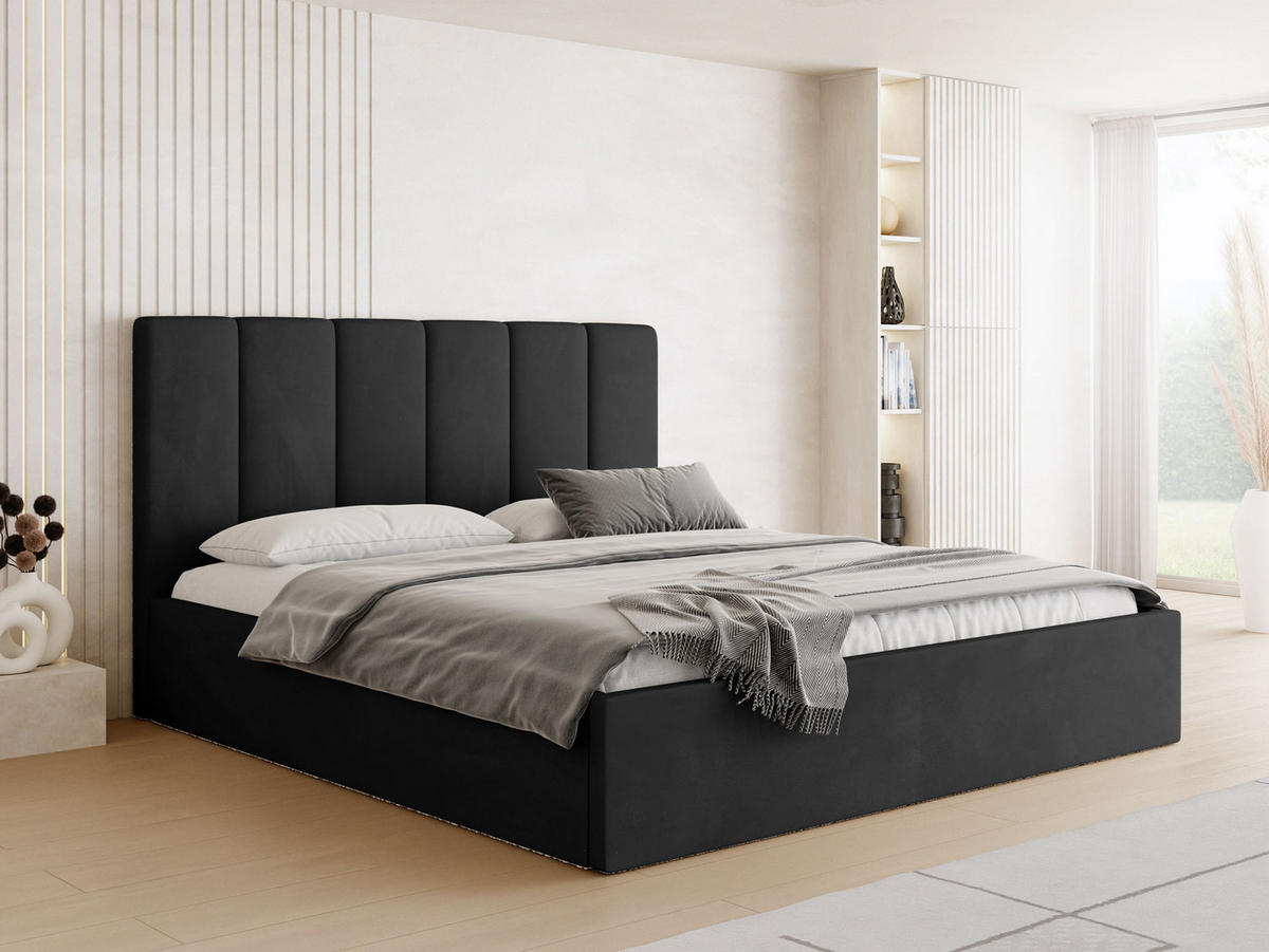 POLSTERBETT Amira Slim mit Bettkasten, Schwarz Samt 160x200 cm - Schwarz Hochglanz/Birkefarben, Holz/Holzwerkstoff (160/200cm) - WFL GROUP