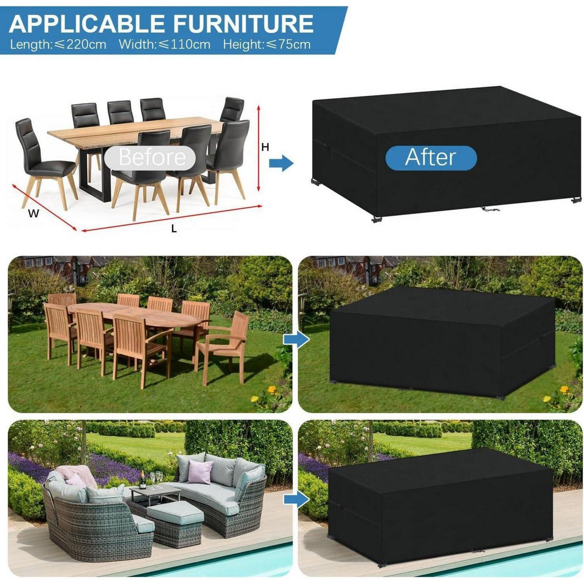 ABDECKHAUBE Gartenmöbel 220 x 110 x 75 cm Wasserdicht 420D Oxford - Schwarz, Textil (1/1/1cm)