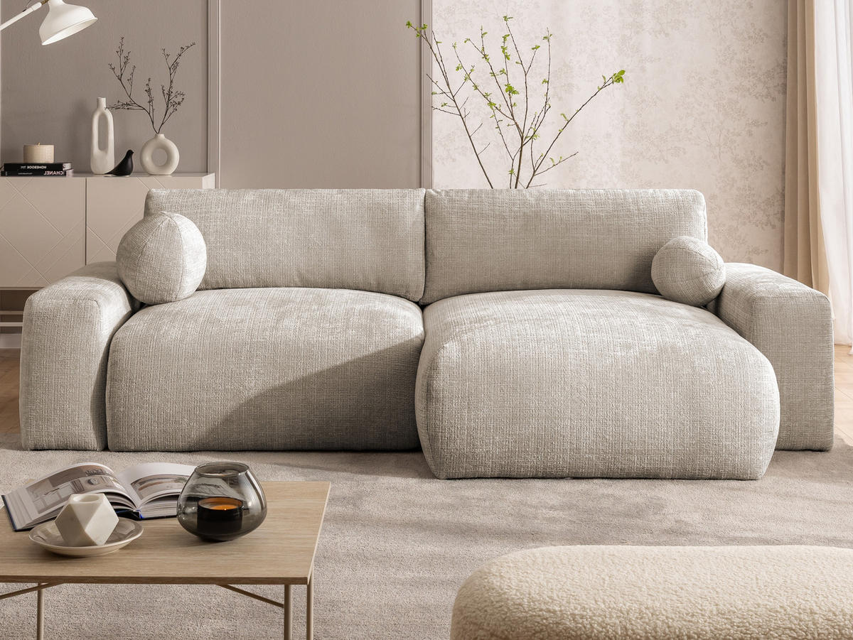 ECKSOFA Puffy mit Schlaffunktion und Bettkasten - besonders weich und puffig aus Dunkelbeige Chenille-Stoff - Ottomane rechts - Beige/Schwarz, Holz/Kunststoff (266/138cm) - S-Style Möbel
