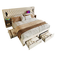 POLSTERBETT 180/200 cm mit 2 Nachttischen, 4 Schubladen, LED-Leselicht & USB/Type-C, Beige - Beige, Textil (180/200cm) - Redom
