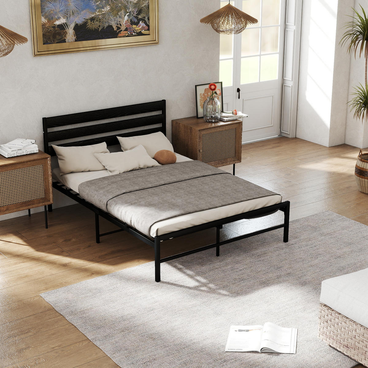 METALLBETT 140/200 cm aus Metall in Schwarz mit komfortablem Kopfteil - Schwarz, Metall (140/200cm) - OKMYHOME
