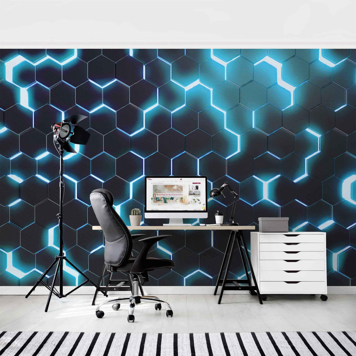 FOTOTAPETE Strukturierte Hexagone mit Neonlicht in Türkis 288/190 cm - Schwarz, Papier (288/190cm) - Bilderwelten