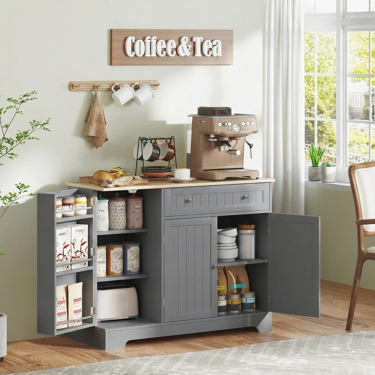 SIDEBOARD DE-11323 3 Türen & Schublade mit verstellbarem Boden Grau - Grau, Holzwerkstoff (105/83/40cm) - ComfortXL