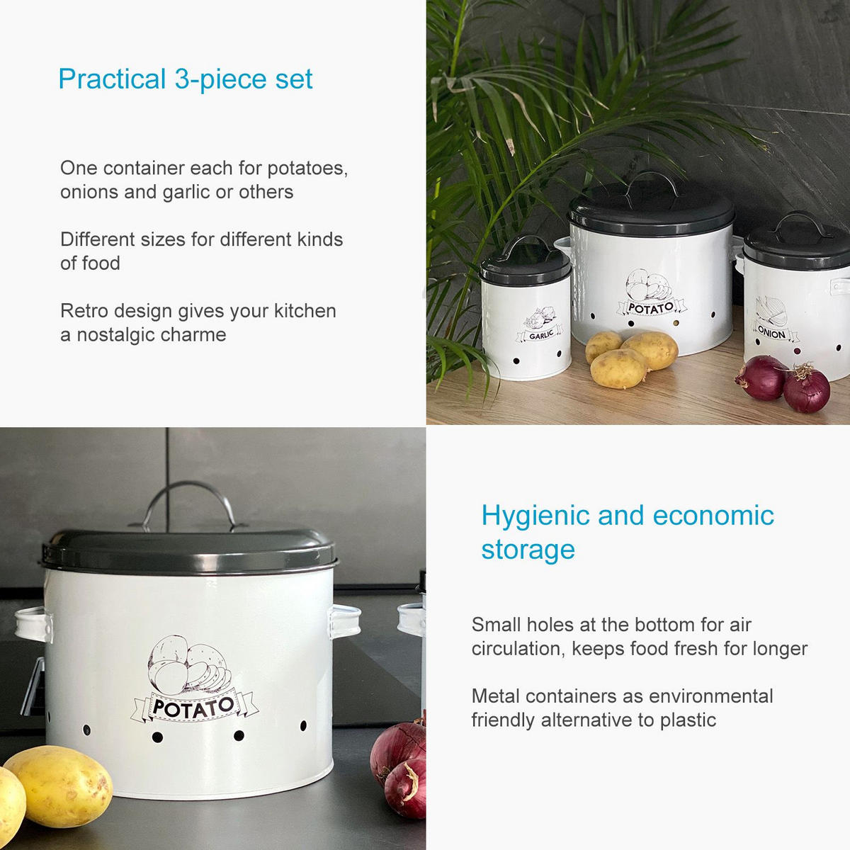 VORRATSDOSEN SET mit Deckel und Beschriftung (3-tlg.) - Weiß, Metall - Intirilife