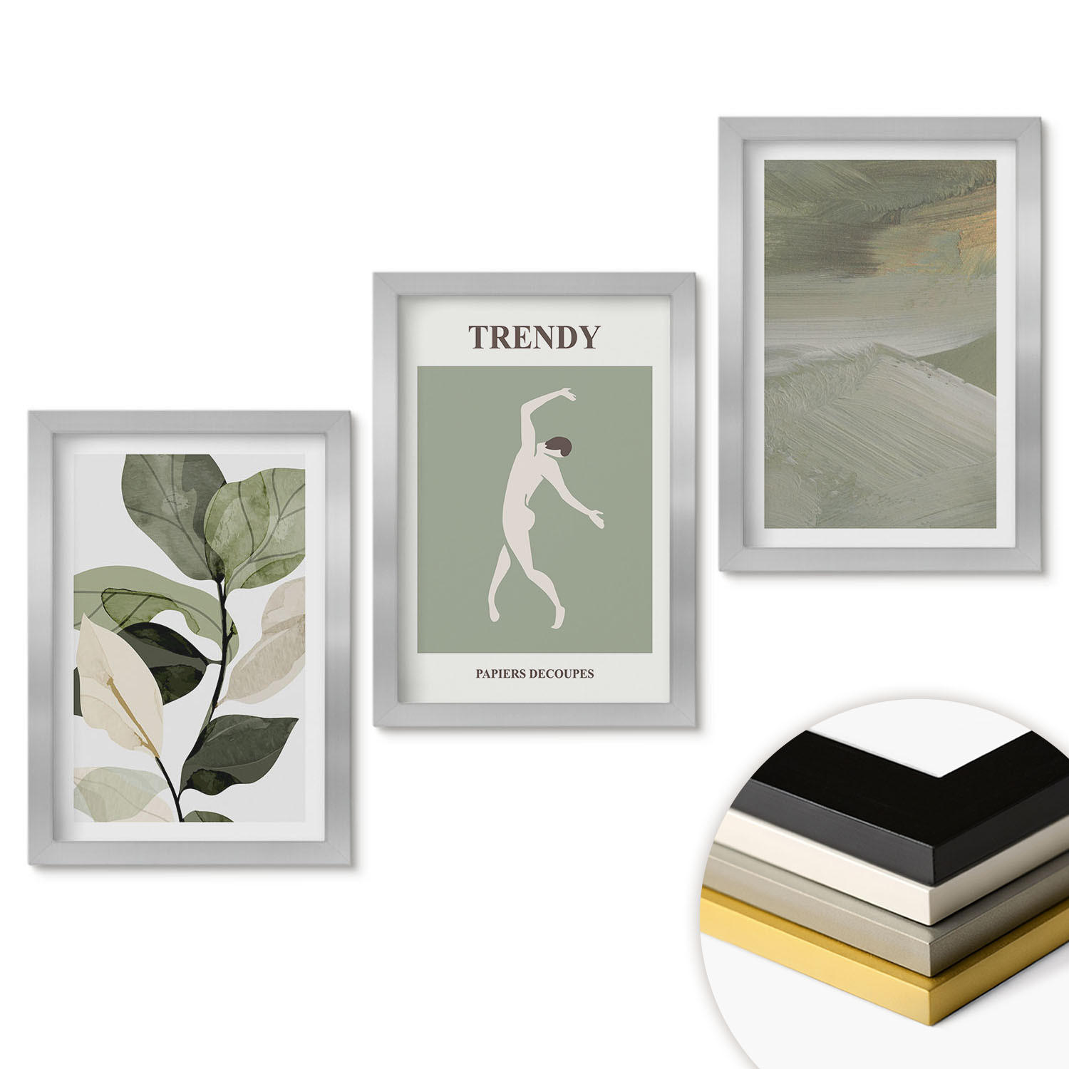WANDBILDER 3er Set - 20x30 cm Silberner Rahmen - Abstrakte Pflanzensilhouettenmuster - Silberfarben, Kunststoff (20/30cm) - ArtPrintCave