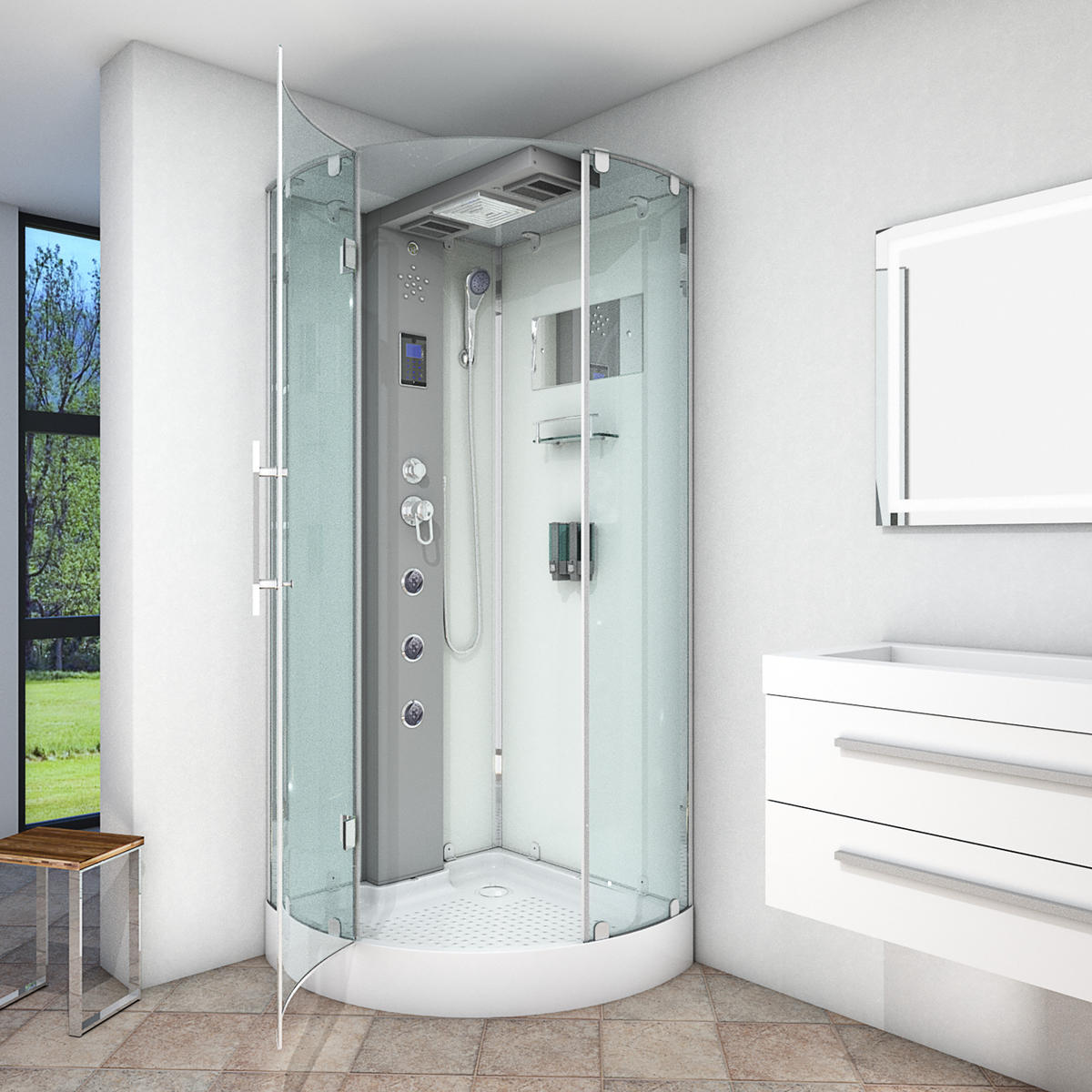 DUSCHKABINE Dusche D37-10L0 Weiß 90x90 - Weiß, Glas/Kunststoff (90/90/218cm) - AcquaVapore by Sandra Jentho