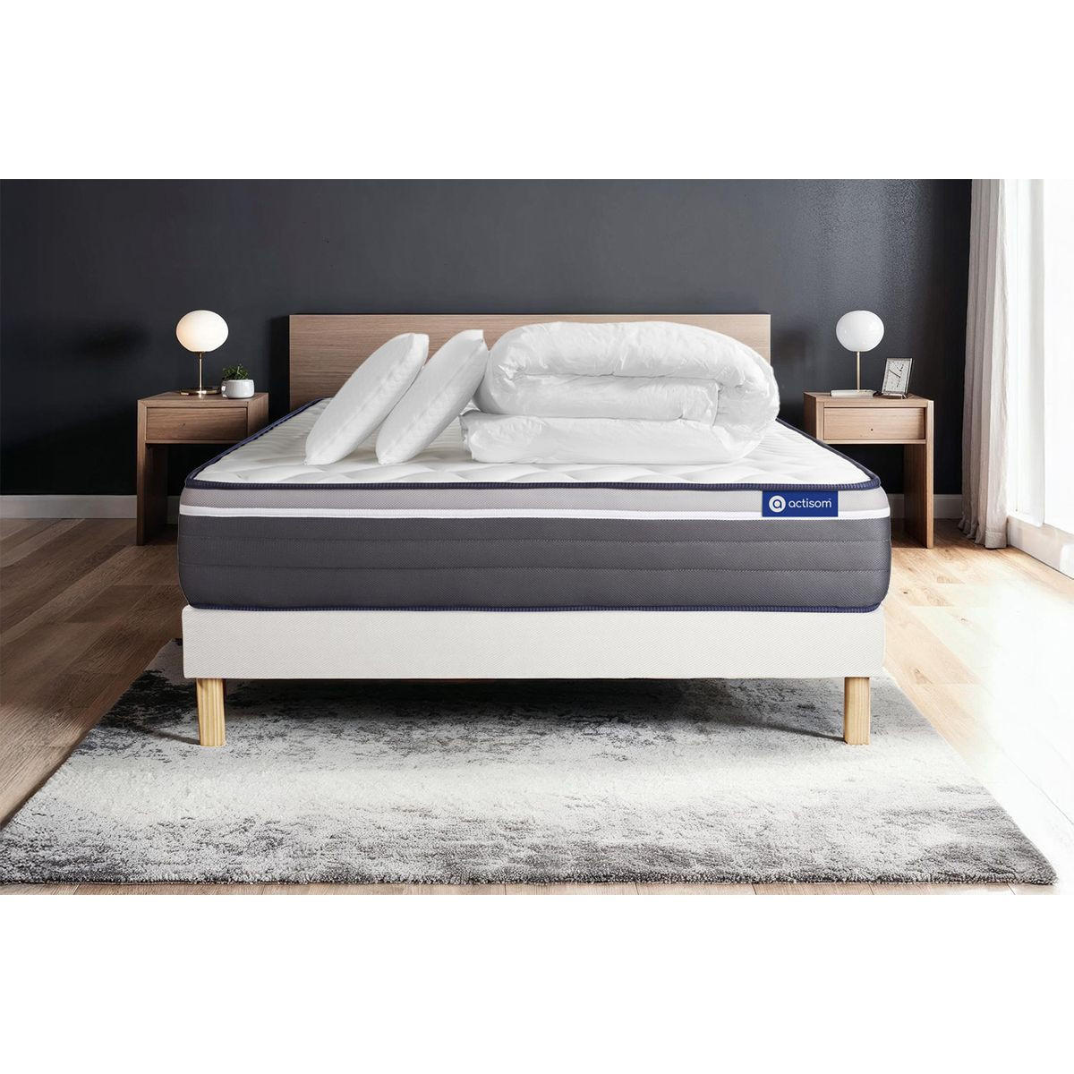 BETT Actiflex plus Taschenfederkern und Memory-Schaum 140 x 190 cm h4 - Kit Bettgestell Weiß - Mit Kissen und Bettdecke - Beige/Weiß, Karton/Holz (140/190cm) - ACTISOM