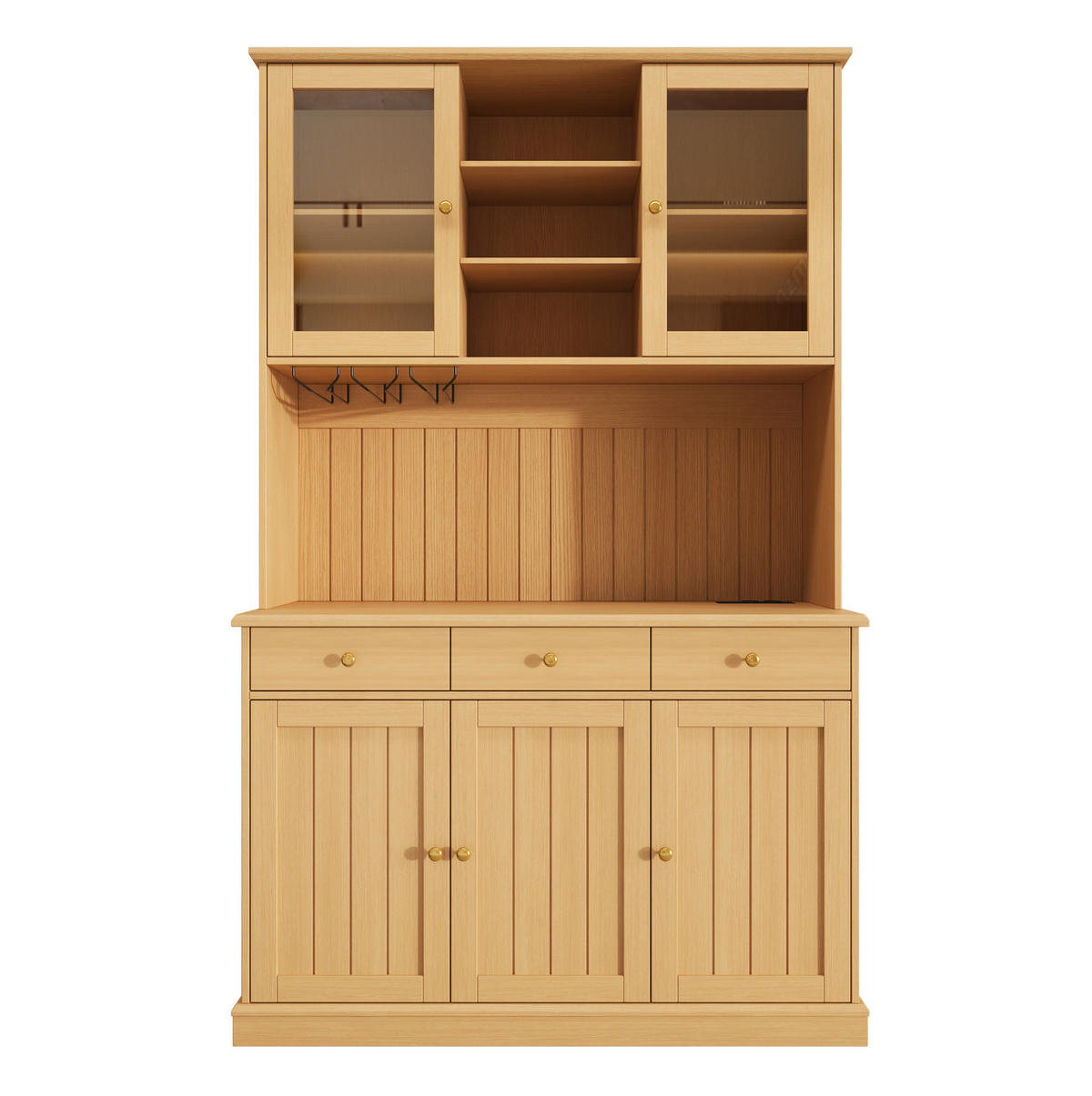 BUFFETSCHRANK aus Spanplatte 120x40x191 cm Naturfarben mit Glastüren, Gläserhalter und Steckdosen - Naturfarben, Holzwerkstoff (120/191/40cm) - IVMEU