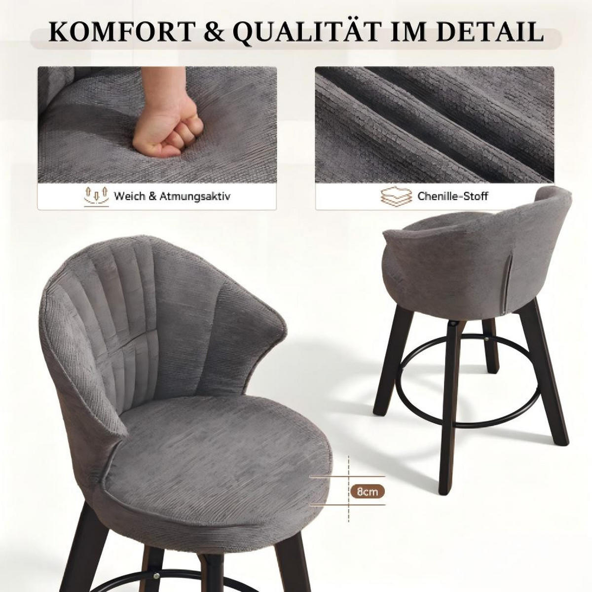 BARHOCKER mit Polsterung, grau 2er-Set - Dunkelgrau, Leder (57/45/52cm)