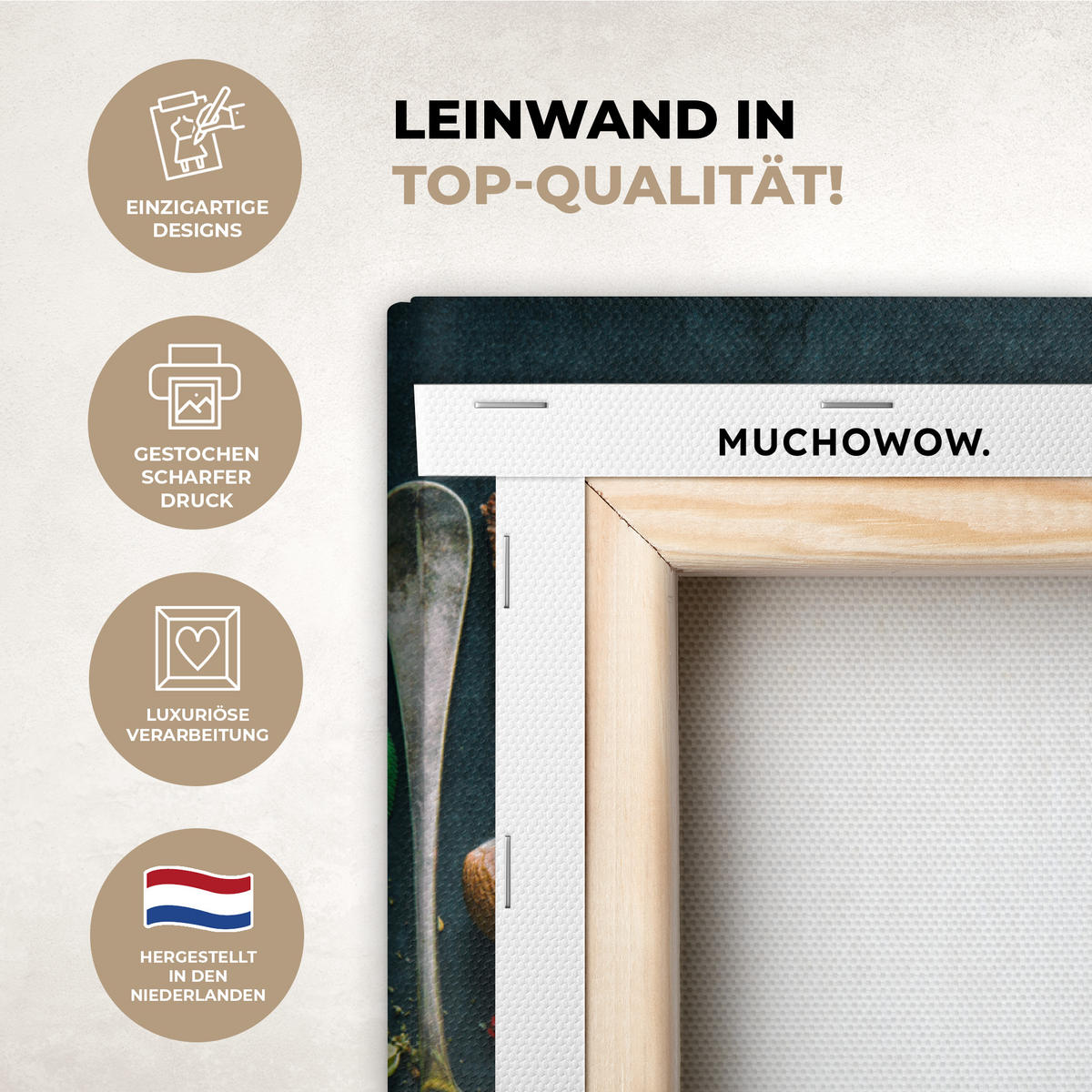 LEINWANDBILD Kräuter - Gewürze - Löffel Wandbild Wohnzimmer 50x50 cm - Currygelb, Textil (50/50cm) - MuchoWow