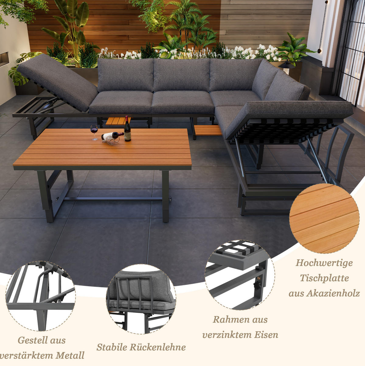 LOUNGE-SET 186/64/76 cm grau aus Eisen mit Akazienholz, verstellbar - Grau, Metall - OKWISH
