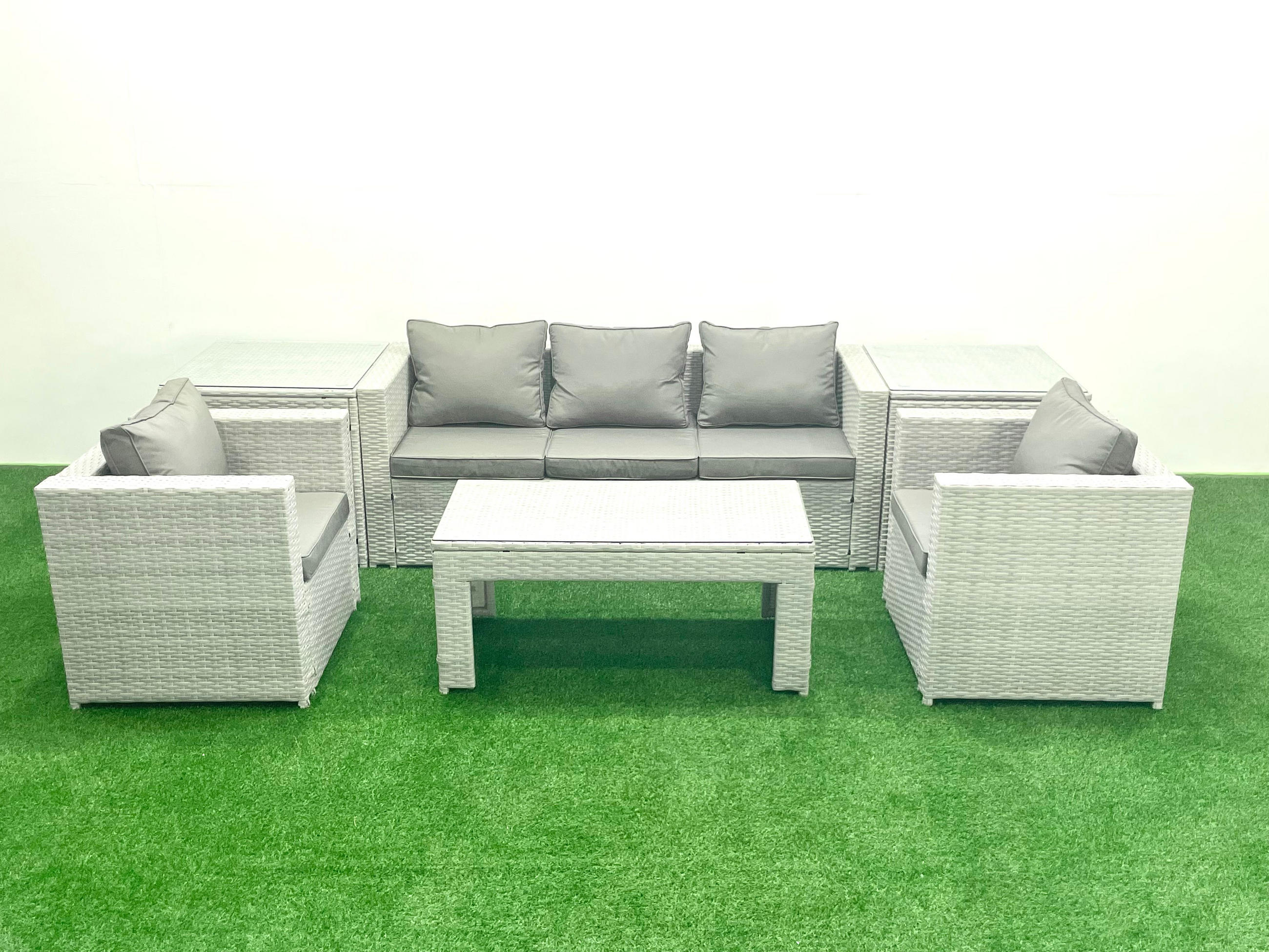 GARTENSET mit 3-SITZER SOFA,COUCHTISCH Polyrattan Hellgrau-Mix 5-Sitzer - Hellgrau/Grau, Glas/Kunststoff - Fimous