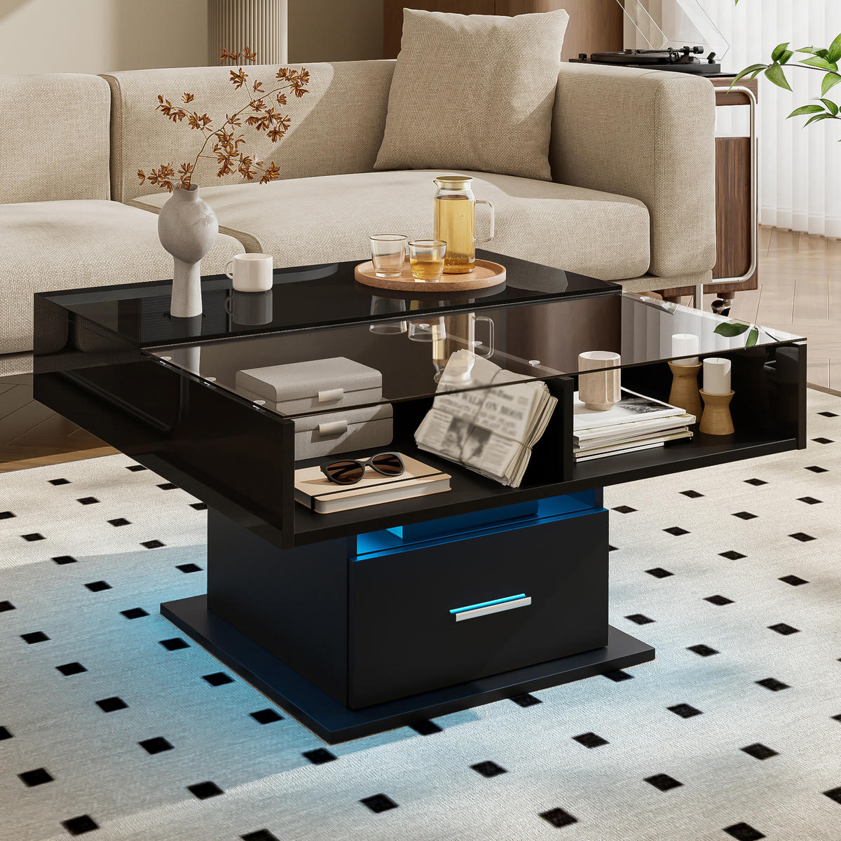 COUCHTISCH Höhenverstellbar mit LED-Beleuchtung und flexiblem Stauraum - Schwarz, Holzwerkstoff (78/78/45cm) - Korfee