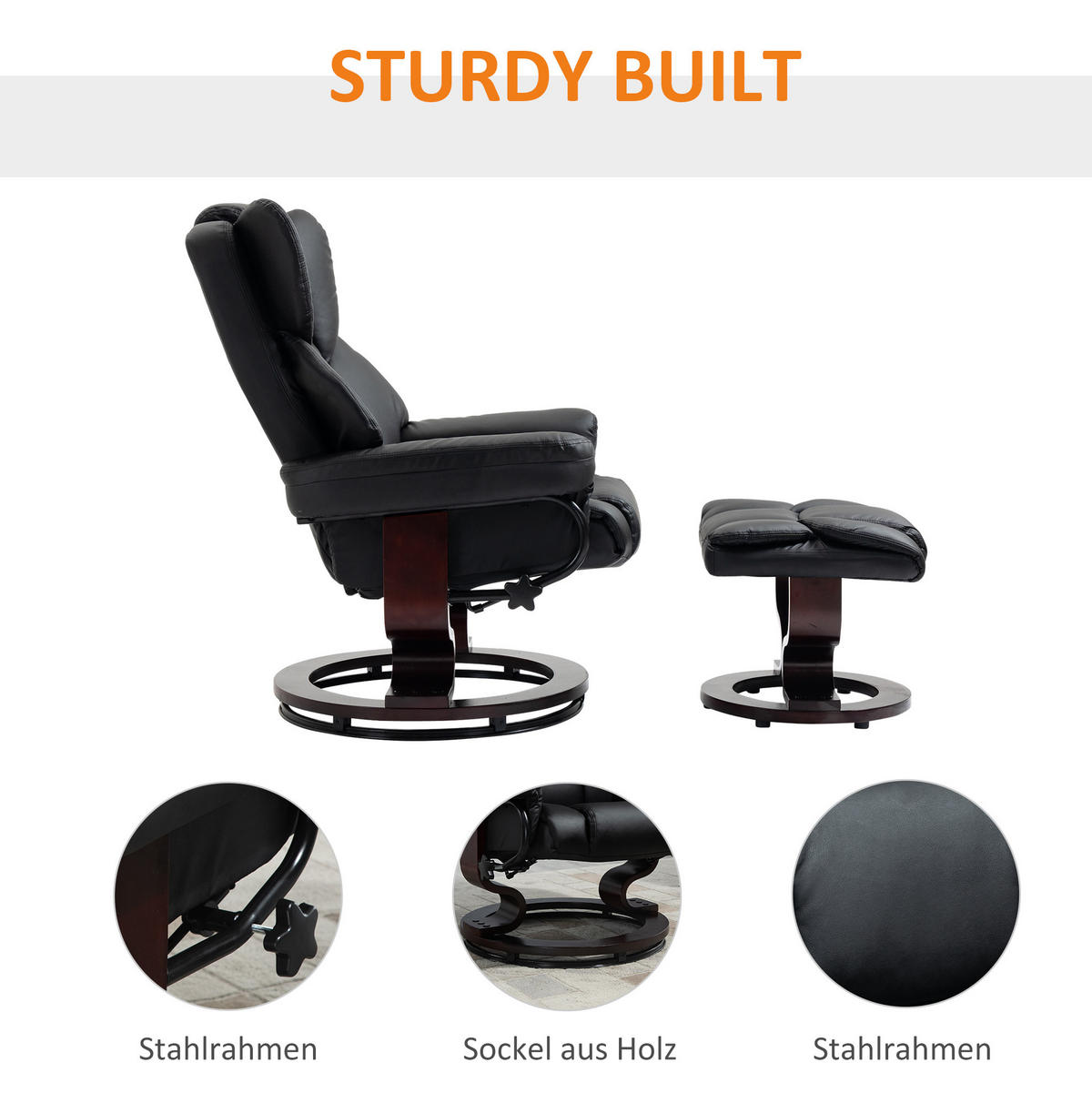 RELAXSESSEL-SET mit Hocker Kunstleder, 360° drehbar 80/79/100 cm Schwarz - Schwarz, Metall (79/100/80cm) - Redom