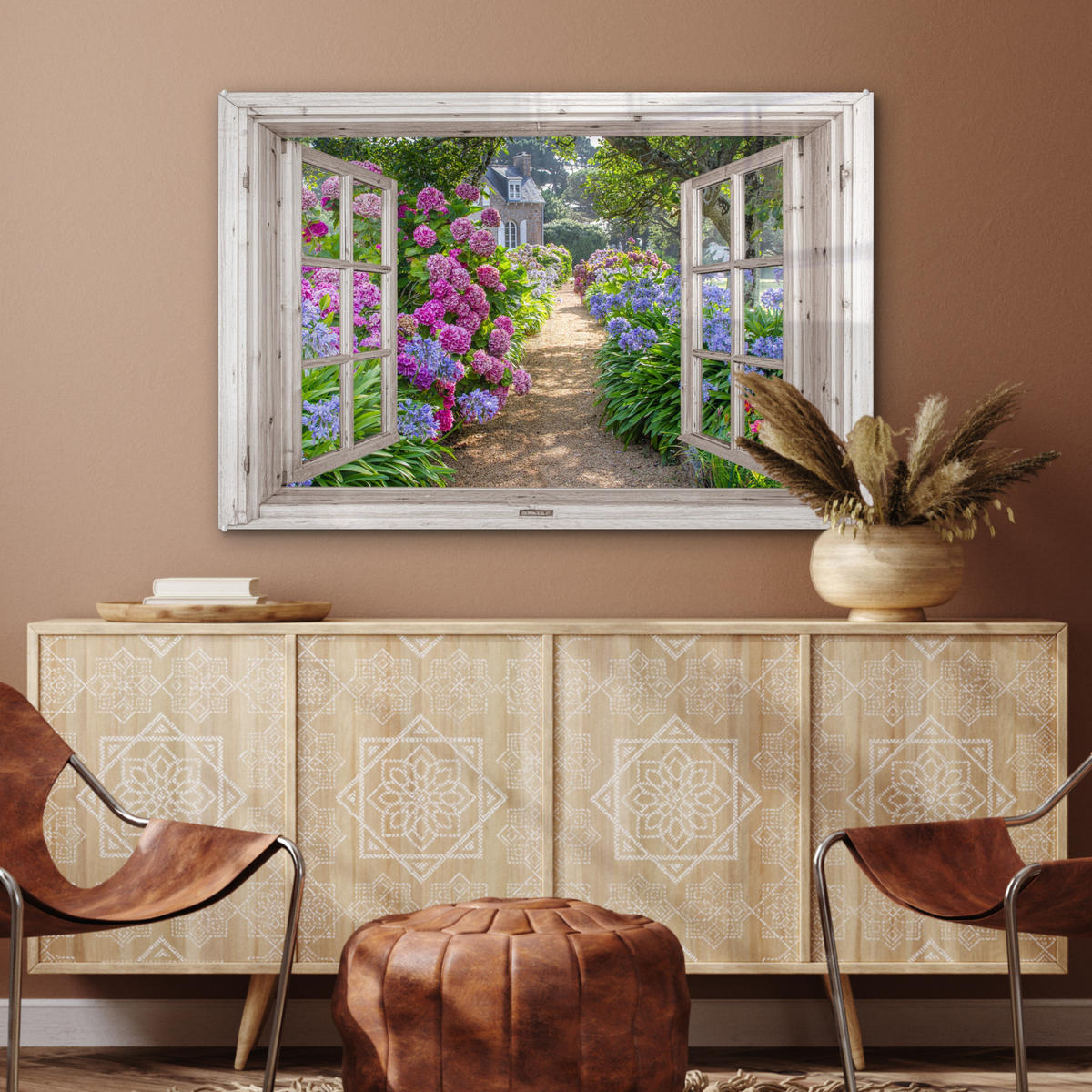 ACRYLGLASBILD Hortensie - Fensterblick - Blumen - Sommer - Lila - Weg 90x60 cm - Lila, Glas (90/60cm) - MuchoWow