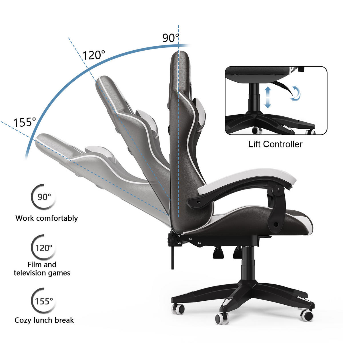 GAMING-STUHL ergonomisch, verstellbare Rückenlehne, Kissen – Schwarz/Weiß - Weiß, Leder (59/120/56cm) - Rattantree