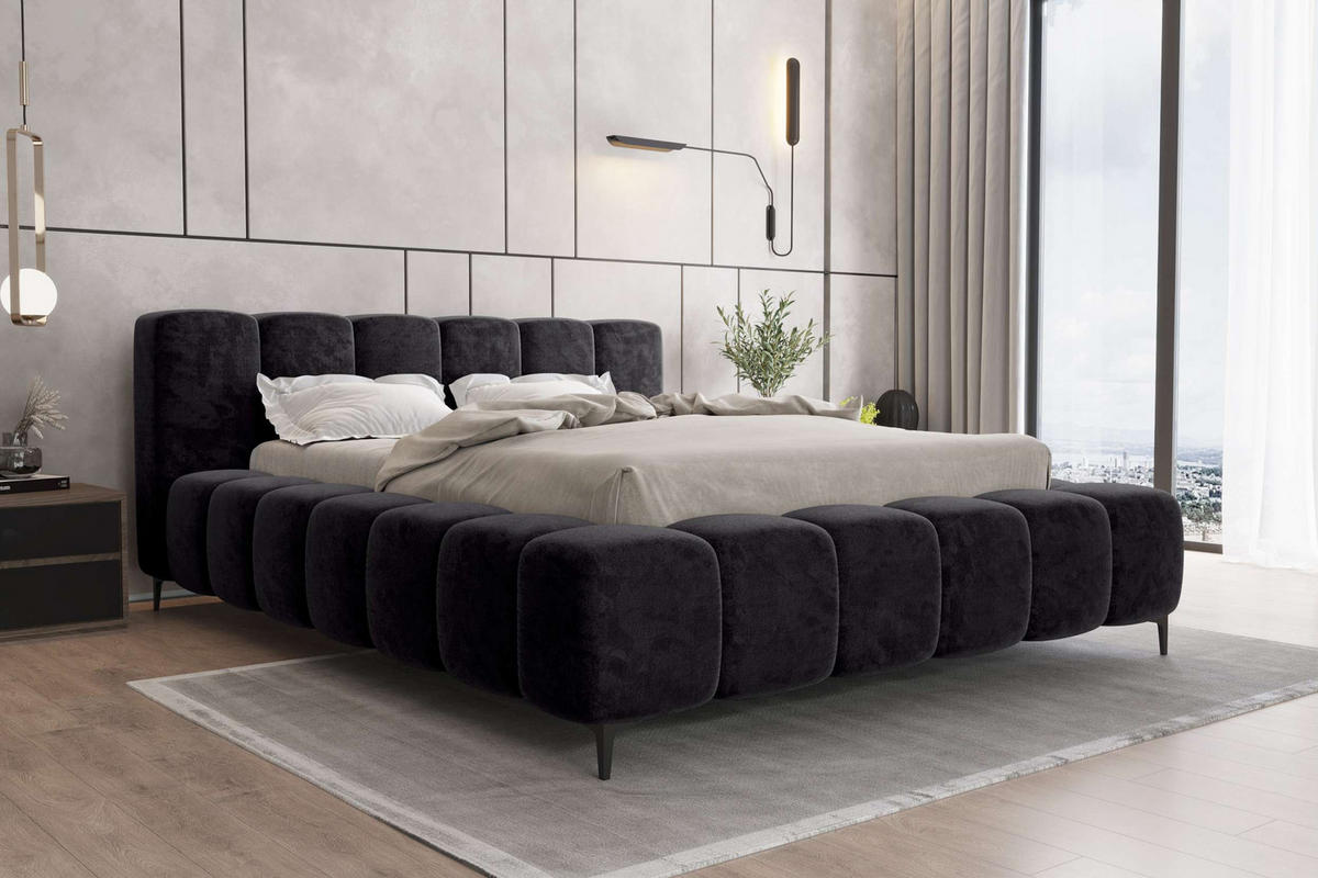 POLSTERBETT COZY Chenille Schwarz 180/200 cm - Schwarz, Textil/Metall (180/200cm) - 99rooms