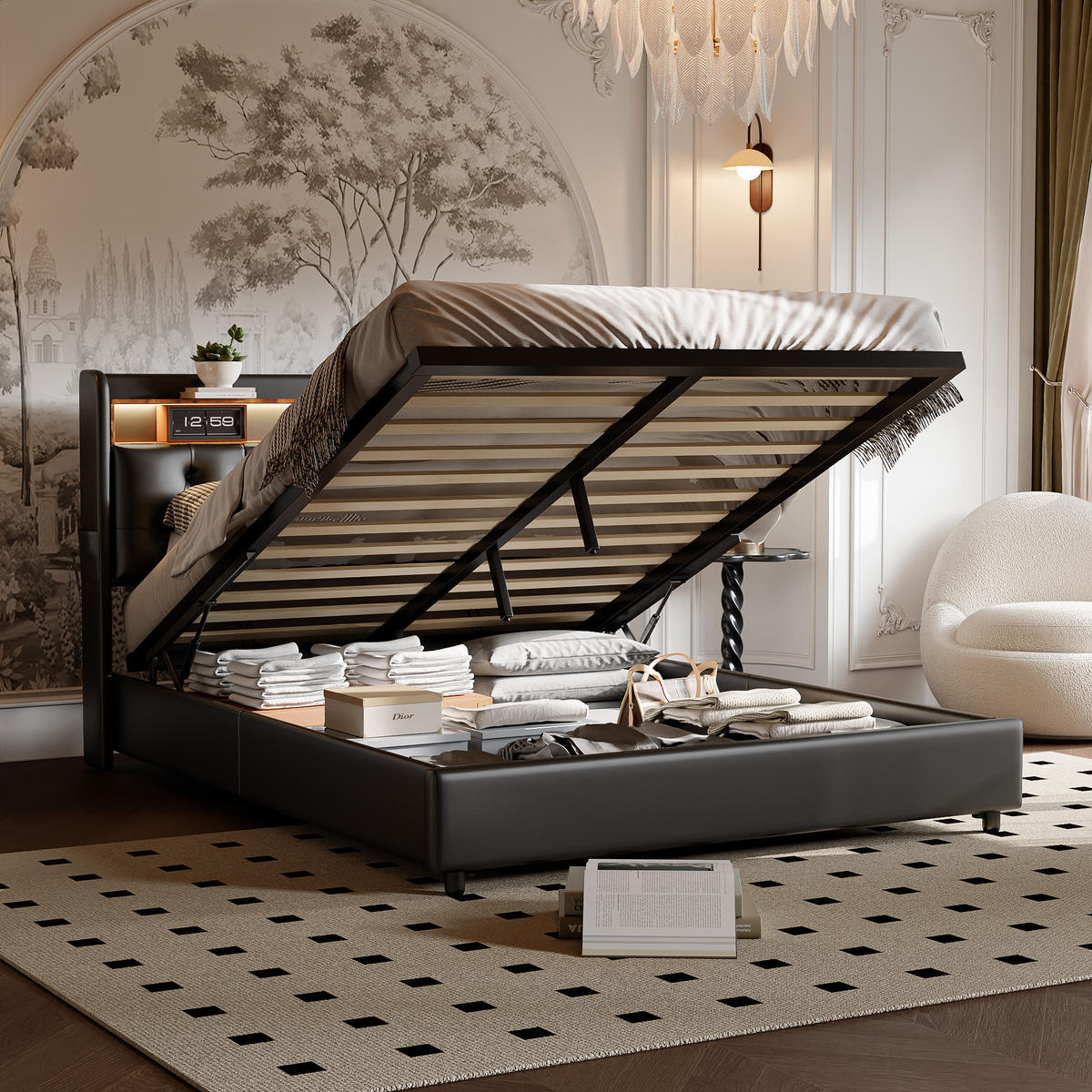 POLSTERBETT 140x200 cm LED USB Stauraum PU Leder schwarz - Schwarz, Holz (140/200cm) - LEBENLANG