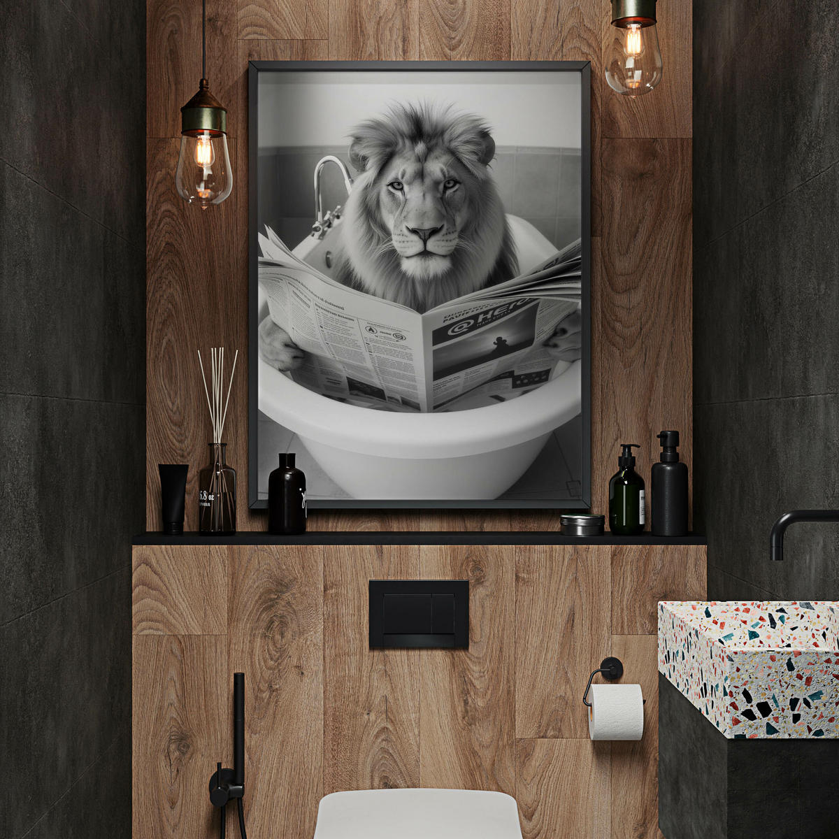 POSTER für WC Badezimmer LÖWE in der Badewanne Schwarz-Weiß Abstraktion 30x40cm - Schwarz/Weiß, Papier (30/40/40cm) - Muralo